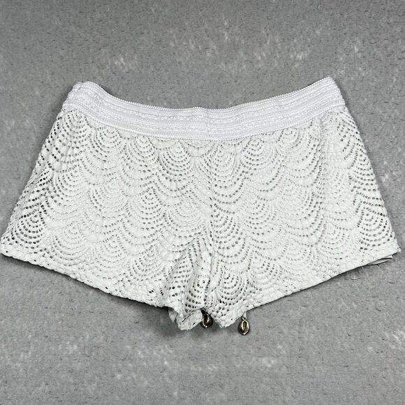 Lilly Pulitzer Claudette White Crochet Shell Drawstring Shorts Beach Cover Up L - Picture 9 of 14